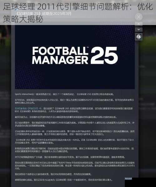 足球经理 2011代引擎细节问题解析：优化策略大揭秘