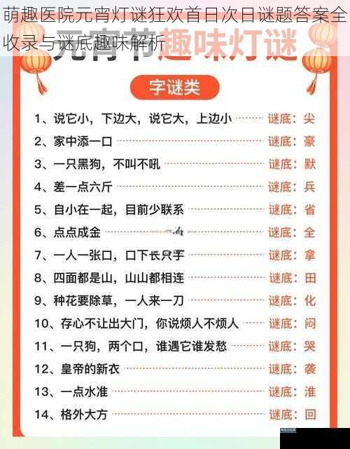 萌趣医院元宵灯谜狂欢首日次日谜题答案全收录与谜底趣味解析